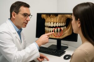 A dentist is pointing to a 3D scan of a patient's mouth, explaining the need for grafting bone for dental implants. The dentist is using a computer to show the patient the area where bone grafting is needed to ensure the success of the dental implant procedure. No text on image.