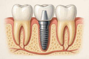 Image depicting the seven steps of a dental implant process, from initial consultation to final crown placement. No text on image.