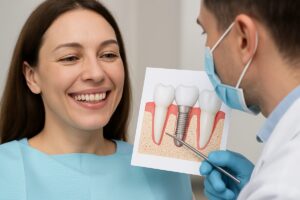 A close-up image of a patient smiling, with a dentist pointing to a diagram illustrating dental implant integration with the jawbone. No text on the image.
