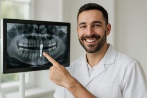 Photo of a dentist smiling and pointing to a dental implant on a digital X-Ray. No text on the image.