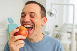A person happily eating an apple with a full set of teeth, highlighting the functionality of affordable teeth implants. The background is a bright and modern dental office. No text on the image.