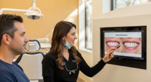 Dentist and patient discussing smile makeover treatment plan